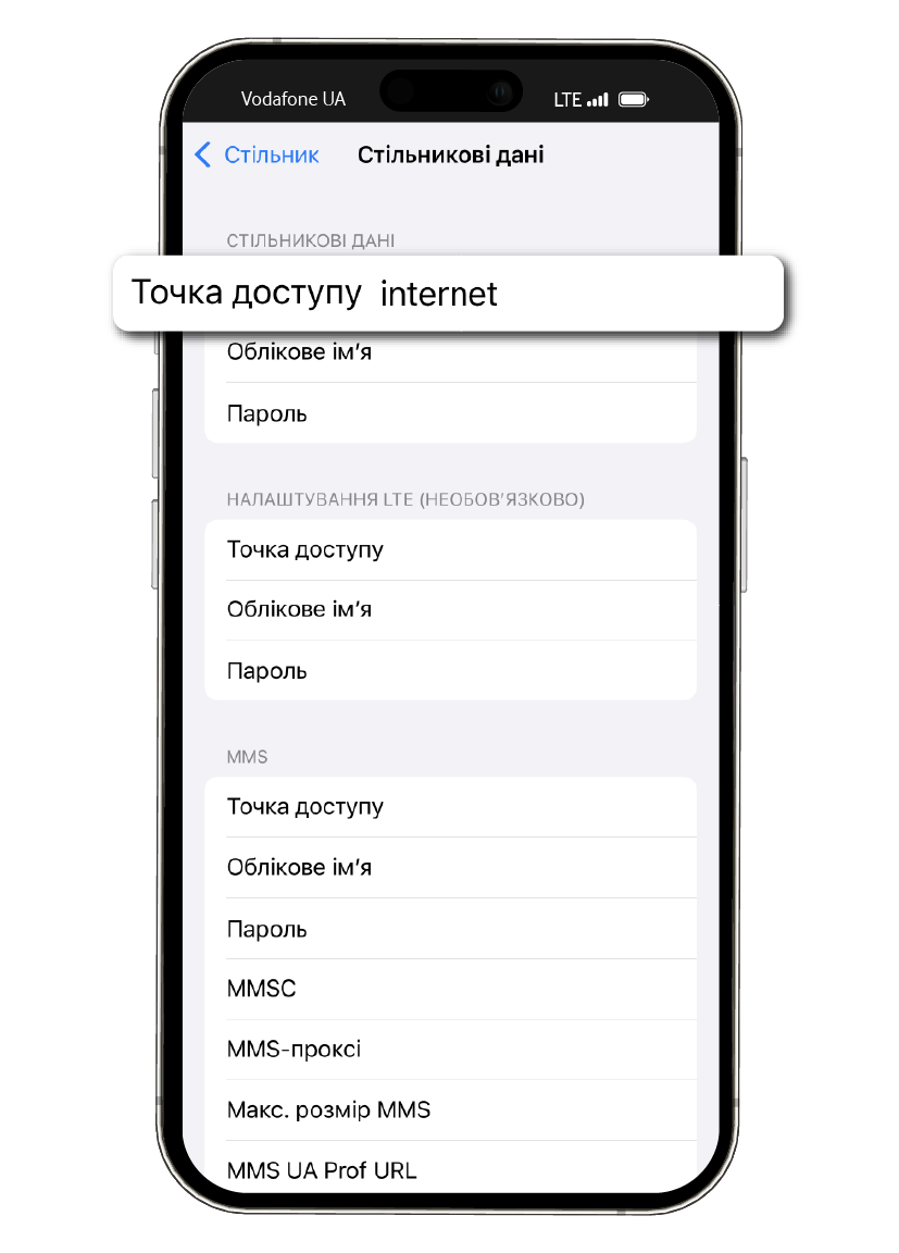 Enter "Internet" as the access point in the Cellular Data section