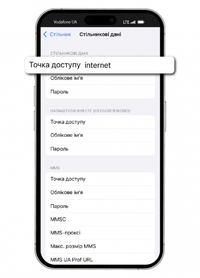 Enter "Internet" as the access point in the Cellular Data section
