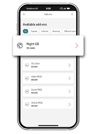 Find <strong>Nighttime GB</strong> in the Available Services menu in <a href="https://my.vodafone.ua/geo-search" target="_blank">My Vodafone</a>